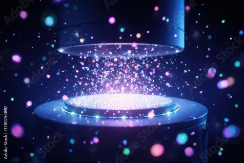 Ion Mass Spectrometry: Stream of glowing color-coded ions traversing a sleek futuristic analytical chamber
