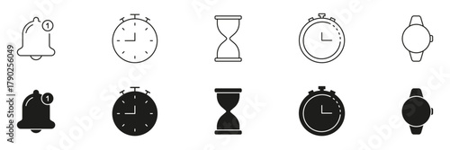 Notification Bell, Stopwatch, Hourglass, And Smartwatch Icon Set. Time Management, Alerts, And Digital Tracking Outline And Silhouette Icon. Efficient Scheduling Tools. Isolated Vector Illustration