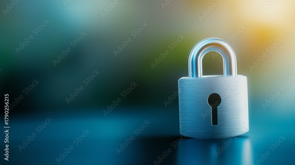 Fototapeta premium A close-up view of a silver padlock resting on a surface with a blurred background, symbolizing security and protection.