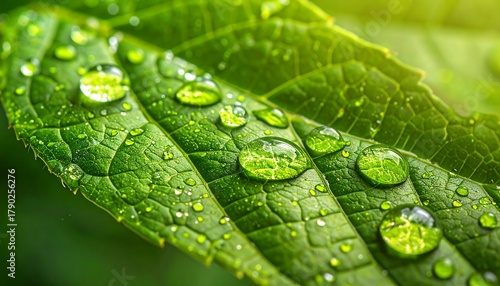 Close-up of a bright green leaf with water droplets glistening on its textured surface in soft, natural light