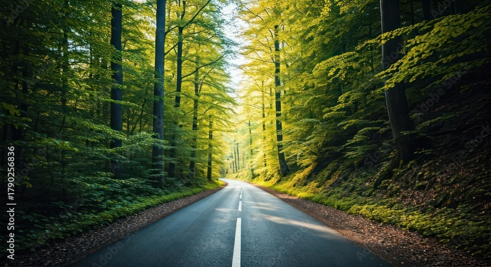 Obraz premium Asphalt road through lush green forest. Trees line the path, light filters through the canopy