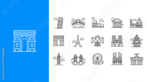 European landmarks line icons set. Famous architecture symbols, monuments, cathedrals, towers, and historical buildings. Outline vector illustration.