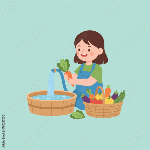 A cartoon girl washing vegetables in a wooden basin near a basket of harvested crops, all against a serene light blue background.
