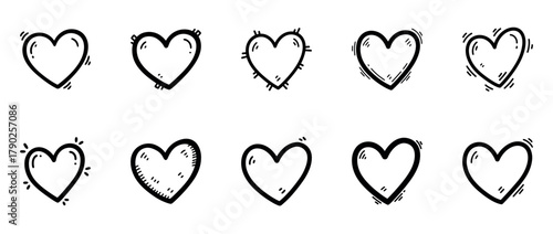 Set of hand-drawn black heart doodles with transparent background, sketchy love icons, romantic symbols, cartoon heart illustrations