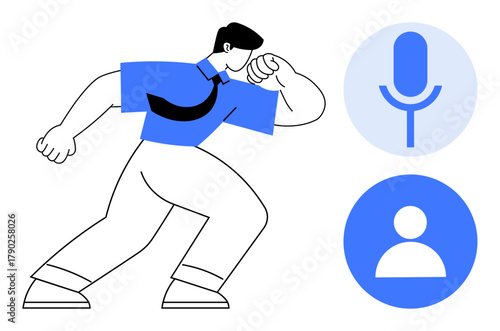 Confident person gesturing boldly beside microphone and user icons. Ideal for communication, public speaking, confidence, interaction, media, advocacy, and networking themes. Simple flat metaphor