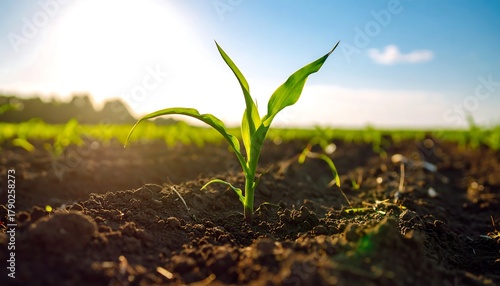 A Young Plant Growing in the Soil with Sunlight and a Clear Blue Sky at the Background