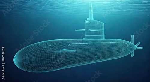 Fototapeta Naklejka Na Ścianę i Meble -  Blue-glowing wireframe submarine model under water, showcasing its structure