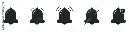 Notification Bell Icon Set. Alert, Reminder, And Mute Functionality Silhouette Symbol Collection. Includes Vibrating, Muted, And New Notification Indicators. Isolated Vector Illustration
