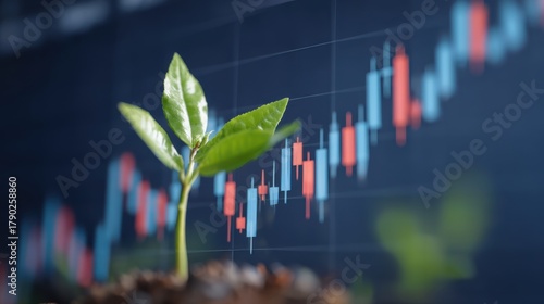 Emerging plant growth amidst stock market trends financial analysis business environment close-up view sustainability