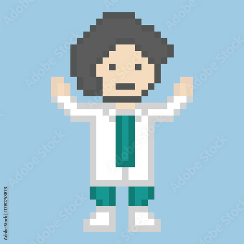 Pixel art background cartoon blank character doctor or scientist man game care medicine decoration pharmacist male doctor uniform hospital 8 bit male pixel art 8bit vector.