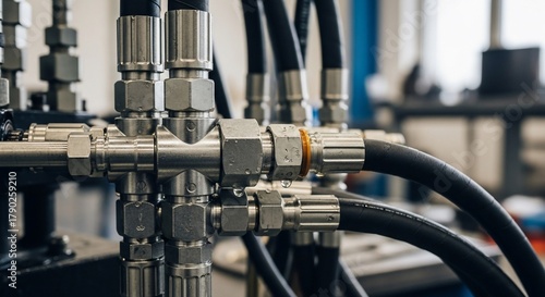 Close-up of stainless steel hydraulic fittings and black rubber hoses on industrial machinery.