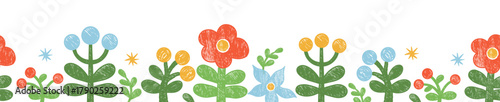 Hand-drawn Crayon Floral Seamless Border Background. Blooming poster with Bright Flower, Berries and Branches. Primitive Textured Doodle. Vector horizontal illustration. Not AI