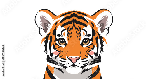 A cute and friendly cartoon baby tiger cub with vibrant orange fur and black stripes looks directly forward, isolated on a white background.