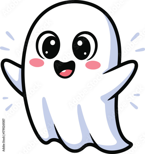 An ecstatic and very cute ghost character in kawaii style, happily floating with open arms, featuring a wide, laughing mouth, large sparkling eyes, and pink blushing cheeks.