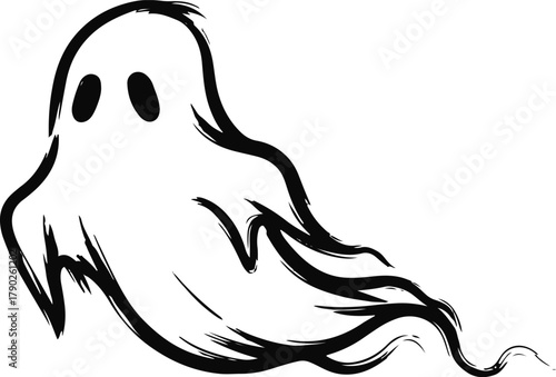 A ghostly figure drawn in a dynamic, rough brushstroke style, appearing to float or flow quickly, with simple, dark oval eyes.