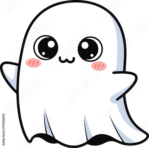 An extremely cute and lovable ghost character drawn in the Japanese kawaii style, featuring large, sparkling eyes, a tiny "cat mouth" smile, and pink blushing cheeks.
