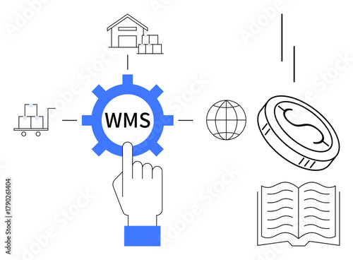 Hand cursor activating gear labeled WMS, warehouse, cart, coin, globe, and book surrounding it. Ideal for logistics, technology, efficiency supply chain learning automation digital solutions