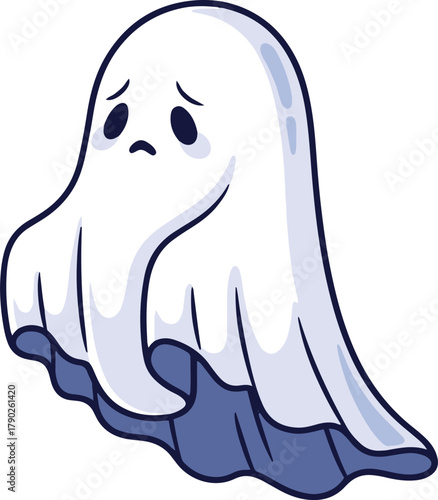 A sad and melancholy cartoon ghost character, drawn in the classic sheet style, with downcast eyes and a subtle blue/purple undertone for shading.
