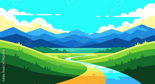 Serene Landscape A Captivating Vector Illustration Depicting Rolling Green Hills, Majestic Mountains, and a Flowing River