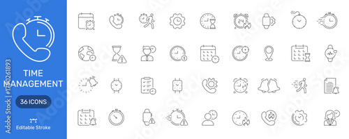 Time Management Line Icon Set. Efficient Scheduling, Productivity Enhancement, And Task Organization Outline Symbol Collection. Editable Stroke. Isolated Vector Illustration
