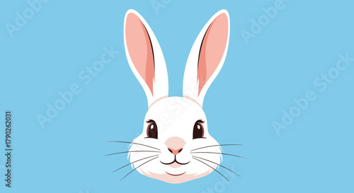 Cute white rabbit head illustration with long ears, brown eyes, pink nose, and whiskers, smiling on a bright blue background.