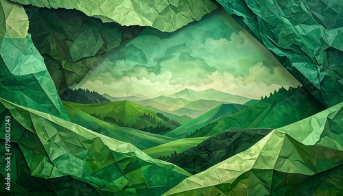 Abstract art depicting a vibrant landscape with origami-like green hills and mountains scenery