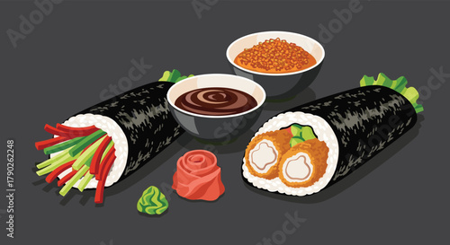 Two vibrant sushi burritos, one packed with colorful julienned vegetables and the other with crispy fried elements, served with sauces, ginger, and wasabi.