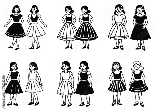 Retro 1950s Girls Dress Fashion Vector Illustration Set