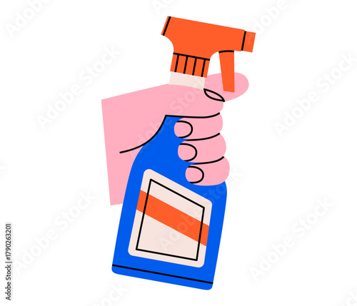 Hand drawn cute illustration of hand holding cleaner spray. Flat vector household detergent bottle in human arm doodle. Antibacterial or disinfectant tool icon. Hygiene housework. Isolated.