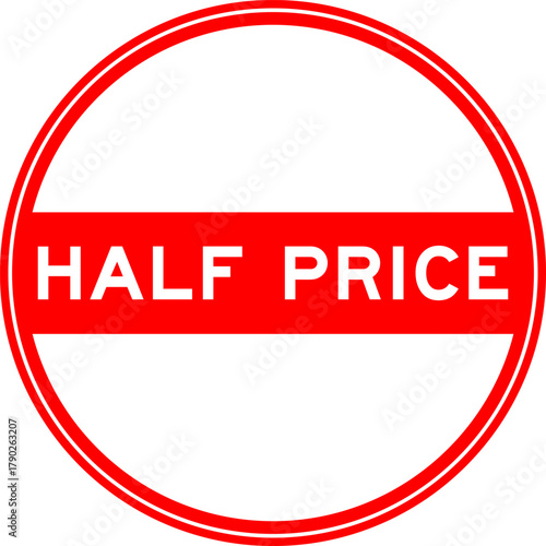 Red color round seal sticker in word half price on white background