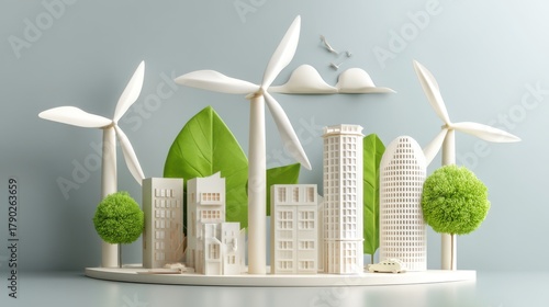 Sustainable urban development featuring wind energy modern cityscape 3d model eco-friendly environment aerial view green concept