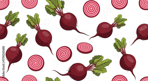 Seamless pattern of fresh, red beets with green leaves and sliced beets against a white background, ideal for culinary designs and healthy eating themes.