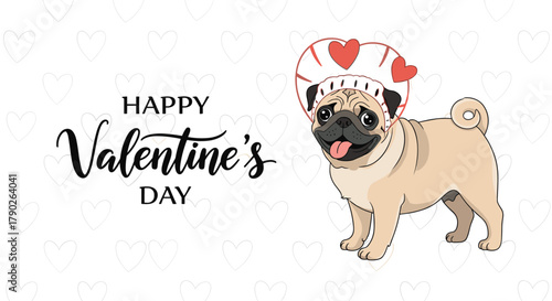 A happy fawn pug dog wears a fun heart-shaped headband, spreading love and joy for Valentine's Day against a background of faint heart outlines.