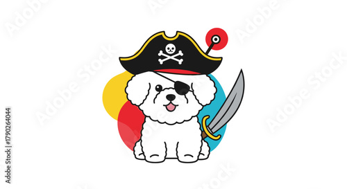 A cheerful white cartoon dog in a pirate costume with an eye patch, a skull and crossbones hat, and a sword, on a colorful background.