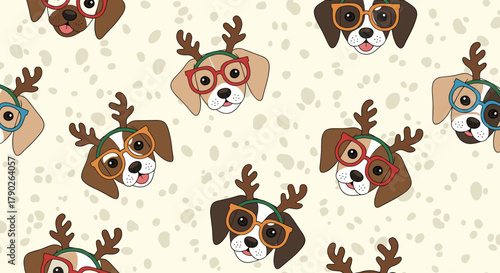 Cute cartoon beagle dogs wearing eyeglasses and reindeer antlers in a festive seamless pattern on a light beige background.
