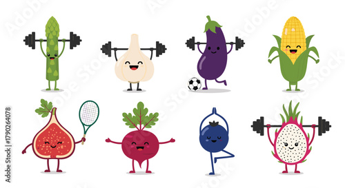 A vibrant collection of cheerful, cartoon fruits and vegetables engaging in various fitness activities, promoting a healthy lifestyle.