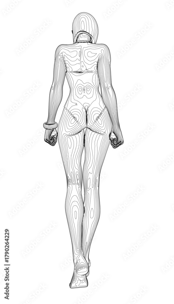 Obraz premium A young girl in a swimsuit is depicted in a simple contour sketch. The minimalist line art is clean and elegant against a plain white background. Back view.