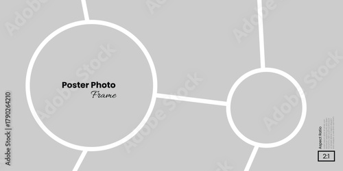 Minimal blank photo frame collage on a wide 2:1 poster with two circular elements