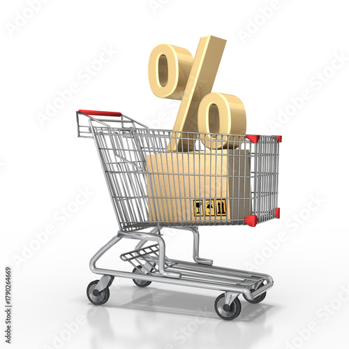 3d Einkaufswagen, Warenkorb mit Paket und Prozentsymbol freigestellt auf transparenten Hintergrund
