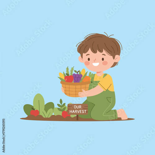 A child kneels in a garden, holding a basket of harvested fruits and vegetables, next to a sign reading "OUR HARVEST."