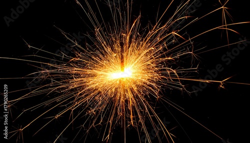 Bright sparkler, radiating golden light against a dark background, creating bursts and trails of shimmering particles