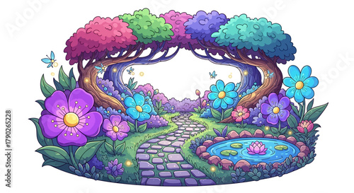 Enchanted whimsical garden with vibrant flowers, luminous fireflies, and a tranquil pond, inviting