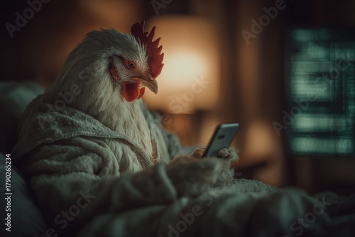 Nighttime panic: chicken and smartphone in a dark room setting. Avoid crypto loss. Crypto trading explained: hope, hype and hidden pitfalls. Dark atmosphere. Dark illustration.