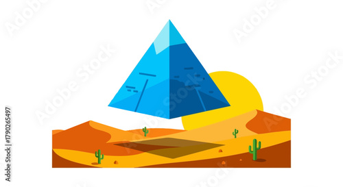 Stylized blue pyramid hovering above a vast desert landscape illustration with a sun setting