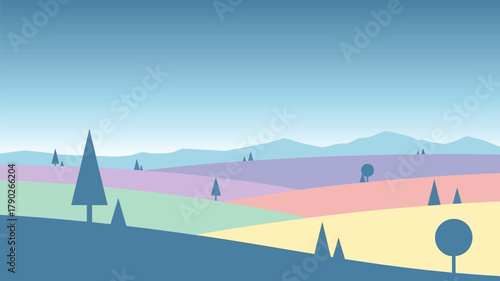 Whimsical Fields A Colorful Landscape with Geometric Trees and Rolling Hills