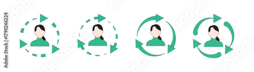 Female User Profile Refresh Cycle Icons: Green Arrows, Update, Reload, Continuous Rotation Set
