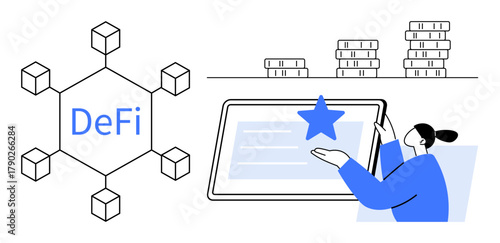 Blockchain network with DeFi text, stacked coins symbolizing financial assets, and person interacting with a digital tablet. Ideal for finance, blockchain, cryptocurrency, innovation, financial