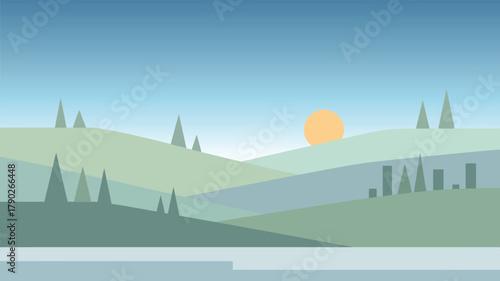 Serene minimalist landscape with rolling hills, a calm body of water, and a rising sun over a distant cityscape