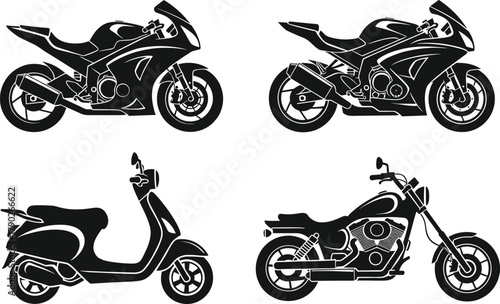 Motorcycle and Scooter Silhouette Icons Set with Sport Bike, Cruiser, and Moped Graphic Vector.