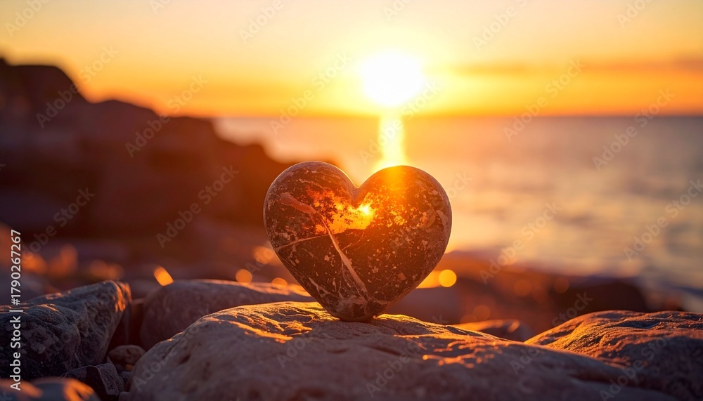 Fototapeta premium Heart-shaped stone illuminated by golden sunset on rocky shoreline